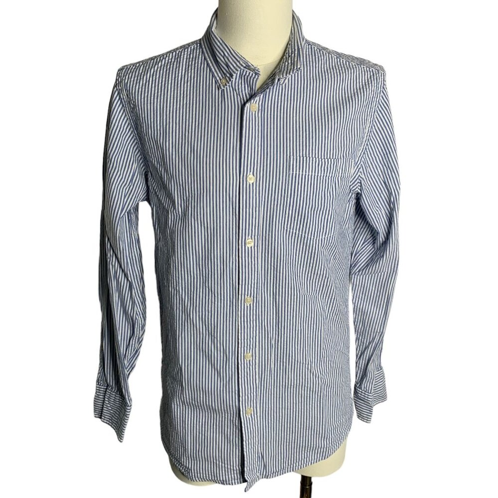 St Johns Bay Button Down Long Sleeve Shirt M Blue White Striped Chest Pocket